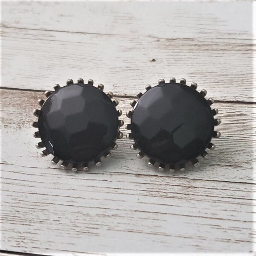 Vintage Clip On Earrings Large Black Faceted Circle with Halo 1"